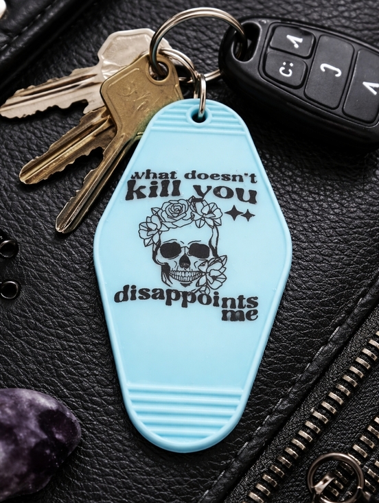 Handmade Accessories - Blue Gothic Skull Motel Keychain Retro Quote UV Resin Handmade Charm